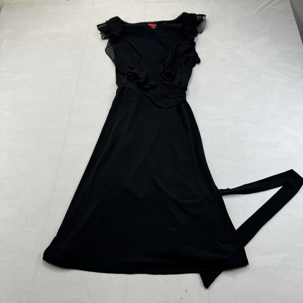 Merona Women's Medium Black Ruffle Wrap Midi Dress Flutter Sleeve Tie Waist